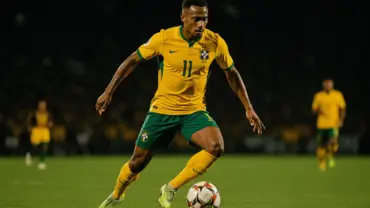 Brazilian soccer player in yellow jersey attacking with ball during World Cup match under stadium lights
