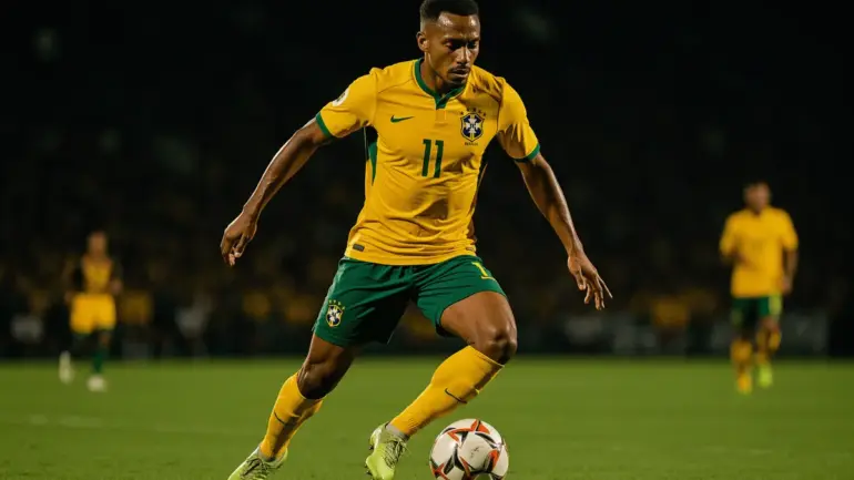 Brazilian soccer player in yellow jersey attacking with ball during World Cup match under stadium lights