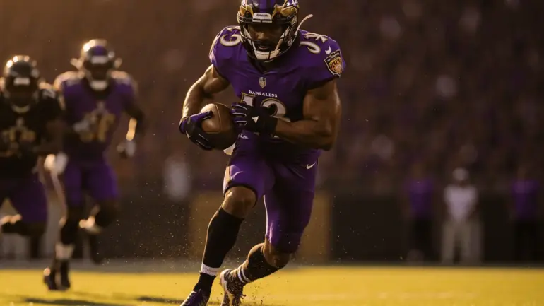 Baltimore Ravens running back exploding through defensive line with football in dynamic action shot