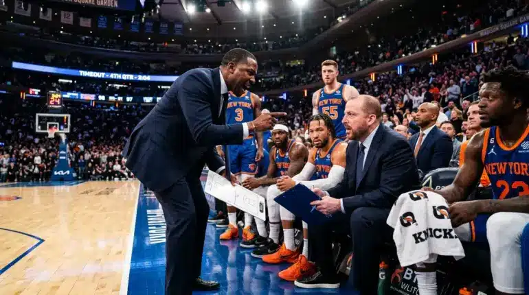 NBA assistant coach speaking intensely to head coach during Finals timeout huddle on the bench