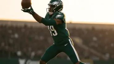 Philadelphia Eagles cornerback in defensive coverage reaching for football during NFL game