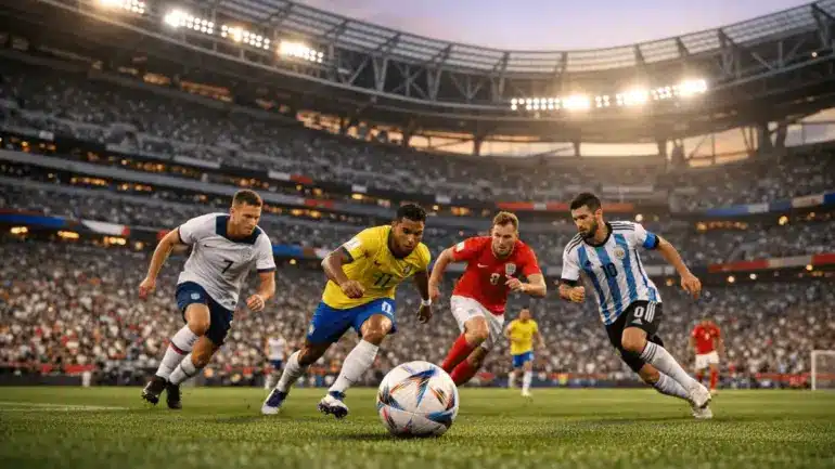 Packed stadium during FIFA World Cup 2026 match with players competing on the pitch under dramatic lighting