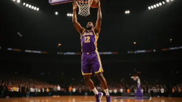 NBA center blocking shot at rim in Lakers uniform demonstrating elite defensive rim protection