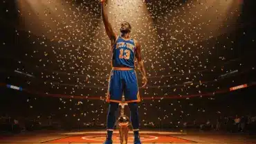 Knicks player celebrating NBA championship with triumphant gesture on confetti-filled court