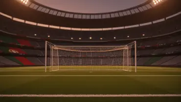 Soccer stadium illuminated at dusk with goal net and pitch markings for World Cup match