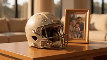 Football helmet resting in sunlit home symbolizing NFL retirement and family life transition