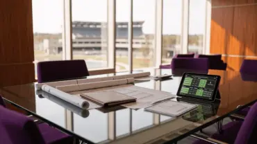 NFL front office war room with strategic planning materials and stadium view