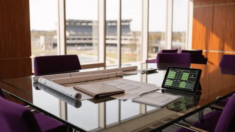 NFL front office war room with strategic planning materials and stadium view
