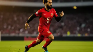 Mohamed Salah in Egypt jersey sprinting during World Cup match action against blurred stadium background