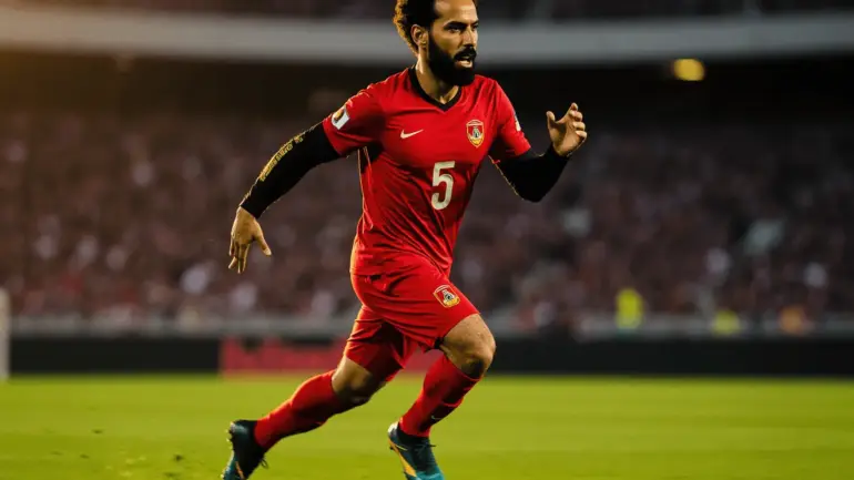 Mohamed Salah in Egypt jersey sprinting during World Cup match action against blurred stadium background