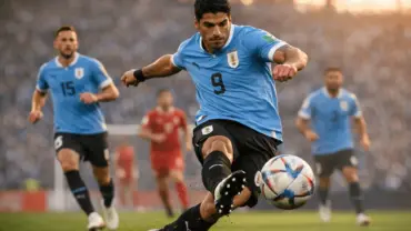 Uruguay soccer players in sky blue jerseys attacking during World Cup match at stadium