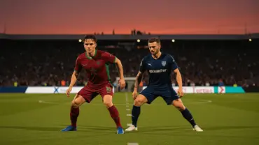 Morocco and Scotland national soccer teams competing in a World Cup match under stadium lights
