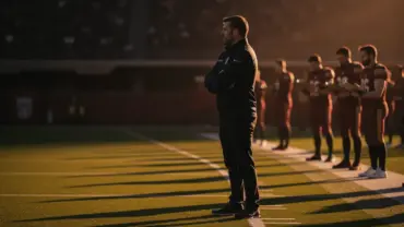 NFL head coach standing alone on sideline at twilight, symbolizing uncertainty and pressure