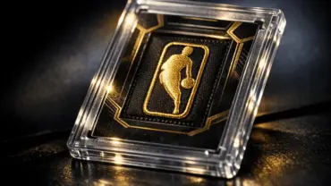 Premium NBA trading card in protective case with gold Logoman patch under dramatic studio lighting