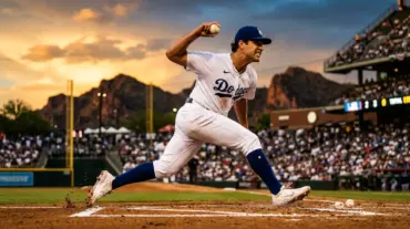 Shohei Ohtani pitching for Los Angeles Dodgers during dominant performance against Arizona Diamondbacks