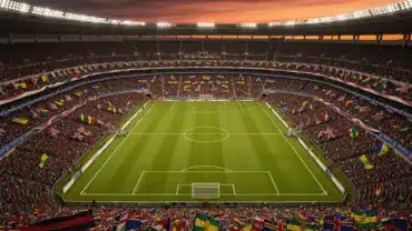 Aerial view of packed World Cup stadium at dusk with international flags and dramatic floodlights