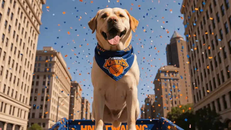 Yellow Labrador on Knicks championship parade float in New York City with confetti