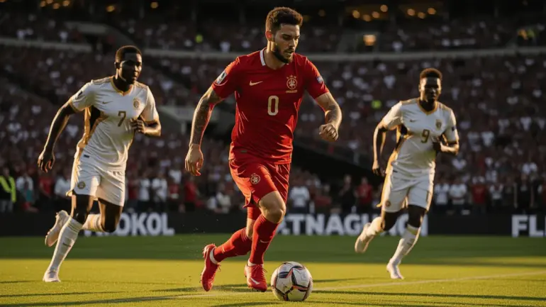 Canadian striker attacking with ball against South African defenders in 2026 World Cup knockout match