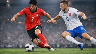 South Korea player in red jersey competing against Czech Republic defender in World Cup match