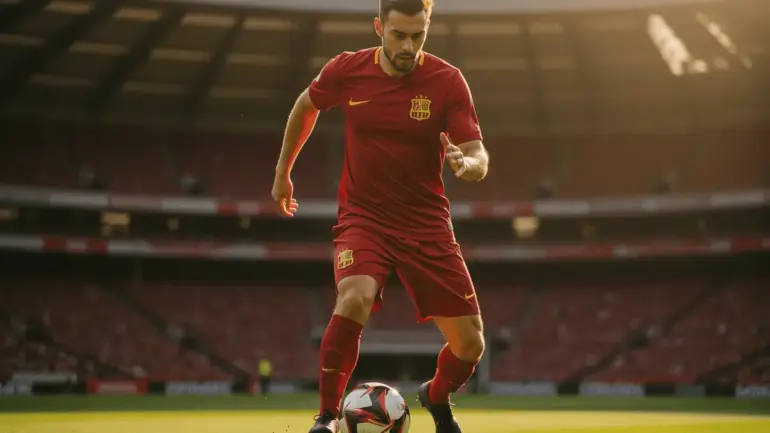 Spain national team player controlling soccer ball in stadium during World Cup match action