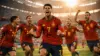 Spain national team celebrating on World Cup pitch in red jerseys with dramatic stadium lighting