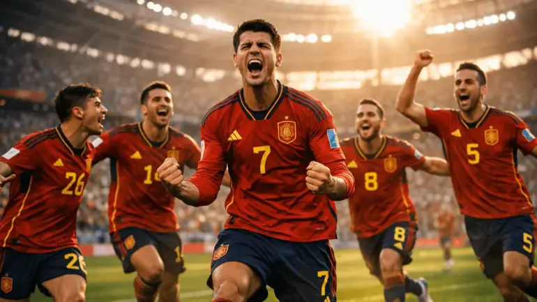 Spain national team celebrating on World Cup pitch in red jerseys with dramatic stadium lighting