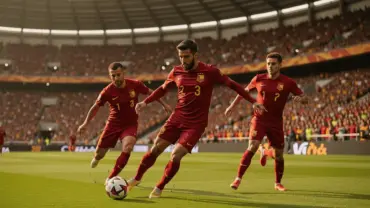 Spain national soccer team attacking play in World Cup stadium with dramatic lighting
