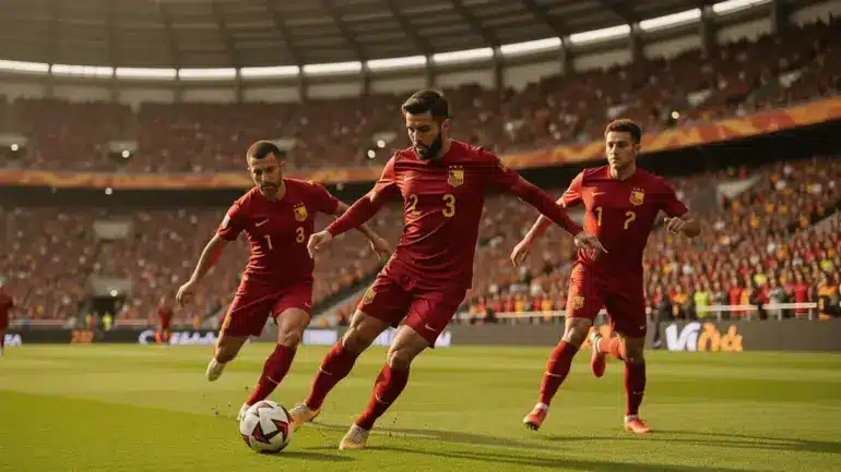 Spain national soccer team attacking play in World Cup stadium with dramatic lighting