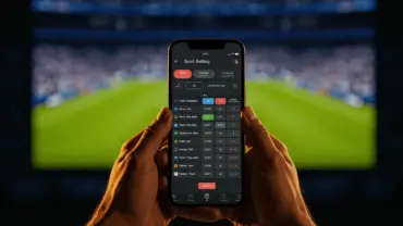 Hands holding smartphone with sports betting app during World Cup soccer match in stadium