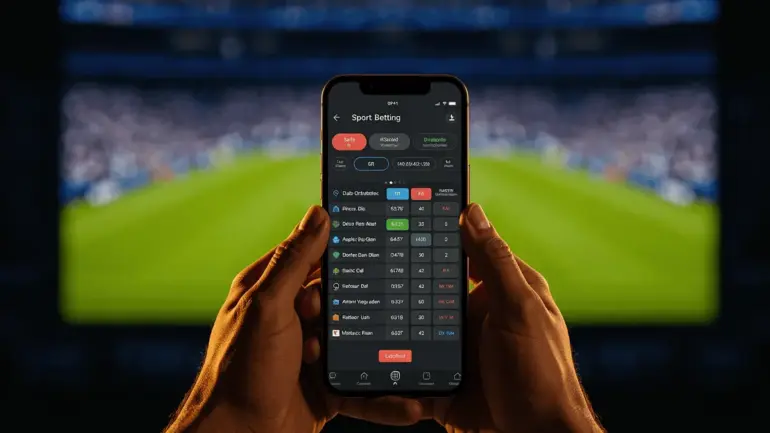 Hands holding smartphone with sports betting app during World Cup soccer match in stadium