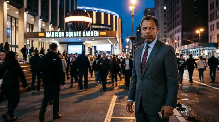Protective father figure outside Madison Square Garden at night amid crowd tension