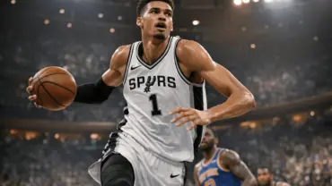 Victor Wembanyama drives to basket in Spurs jersey during NBA Finals Game 3 at Madison Square Garden