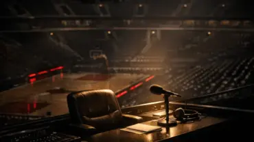 Empty broadcast booth in basketball arena with spotlight on announcer's chair, tribute to Stacey King