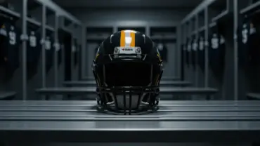 Pittsburgh Steelers helmet on locker room bench representing roster cut decisions