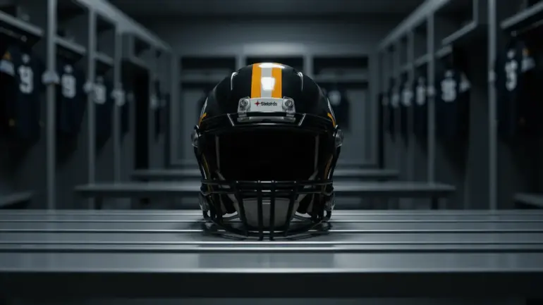 Pittsburgh Steelers helmet on locker room bench representing roster cut decisions