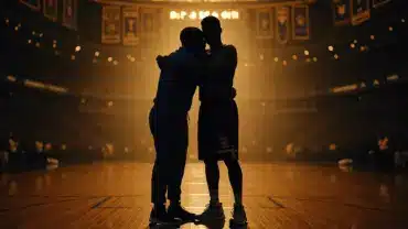 Two basketball figures embracing on championship court with dramatic arena lighting and championship banners