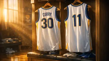 Golden State Warriors jerseys hanging in locker room with dramatic lighting