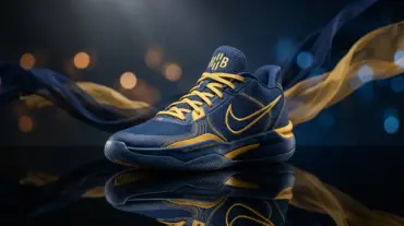 Basketball sneaker with golden yellow and navy accents on reflective surface with dramatic studio lighting