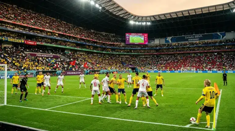 Sweden vs Tunisia World Cup 2026 match action at night stadium with players in yellow and red jerseys