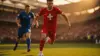 Swiss footballer in red jersey attacking during World Cup match against Bosnia Herzegovina