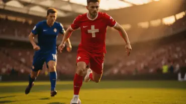 Swiss footballer in red jersey attacking during World Cup match against Bosnia Herzegovina