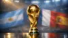FIFA World Cup trophy with Argentina, France, and Spain flags representing top 2026 contenders