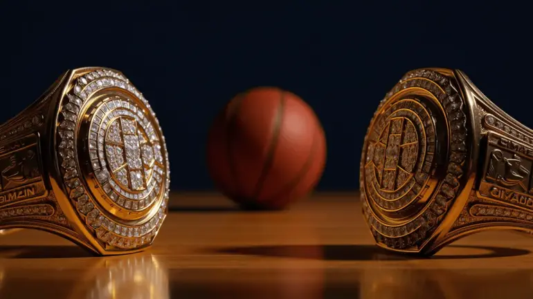 Two NBA championship rings gleaming in dramatic lighting with basketball in background