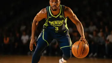 Minnesota Timberwolves guard driving to basket during intense playoff game