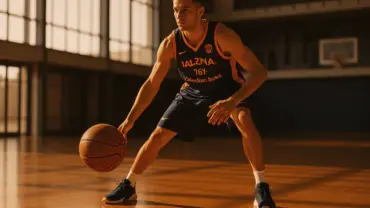 Spanish basketball guard practicing ball-handling on European court with dramatic lighting