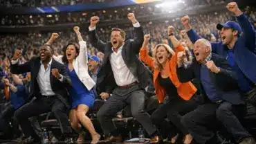 Excited fans courtside at NBA Finals game celebrating dramatic victory in packed arena