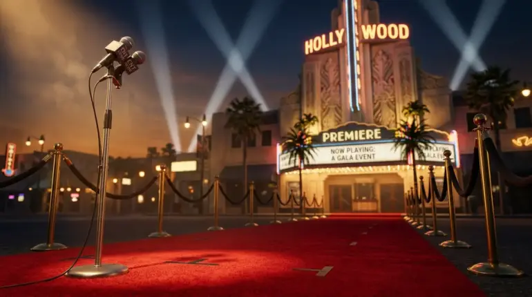 Hollywood red carpet premiere scene with microphone and theatrical lighting at golden hour