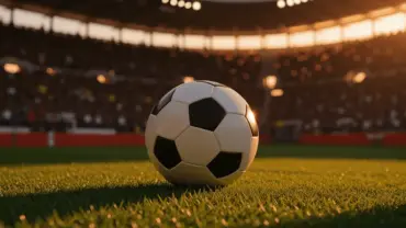 Soccer ball on stadium grass with crowd in background during World Cup tournament atmosphere