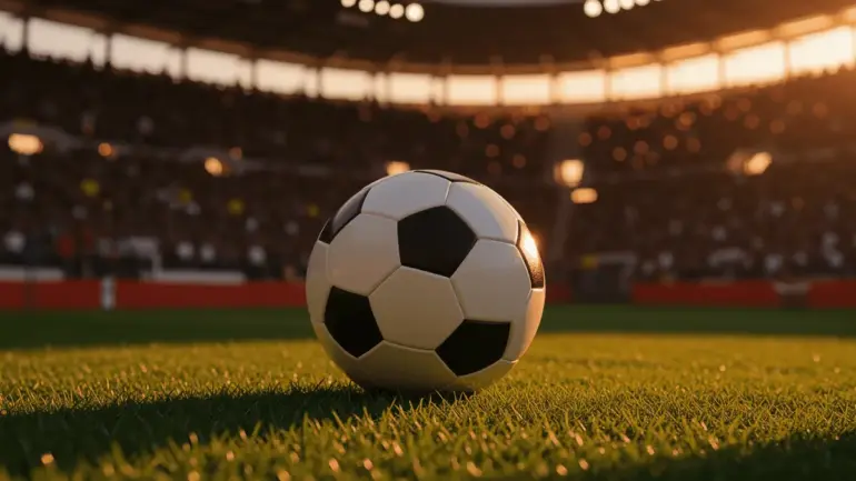Soccer ball on stadium grass with crowd in background during World Cup tournament atmosphere