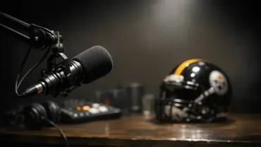 Podcast microphone and Pittsburgh Steelers helmet representing NFL media moment